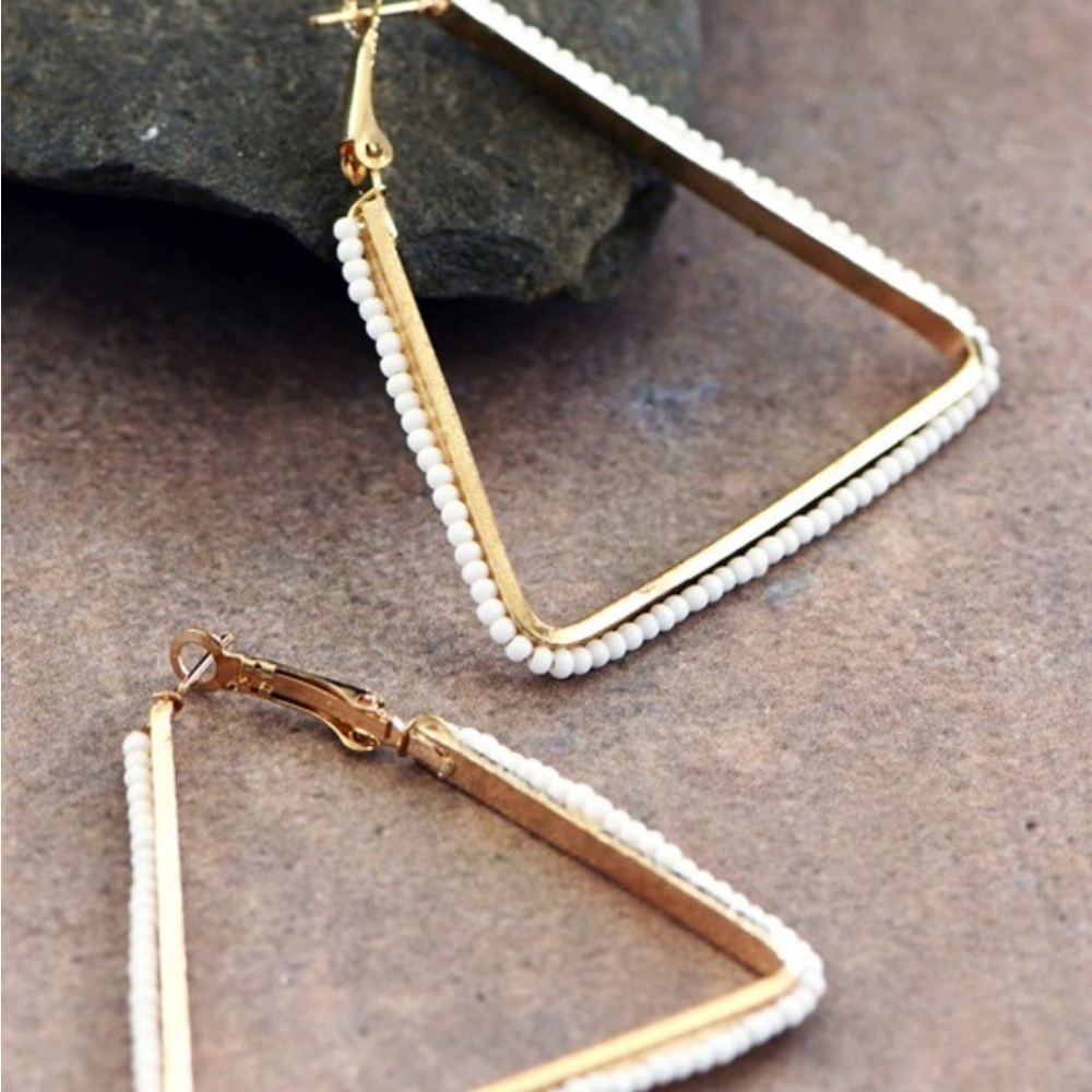 White Beaded Triangle Hoop Earrings | Bold Geometric Statement Jewelry | NWT - Picture 4 of 11